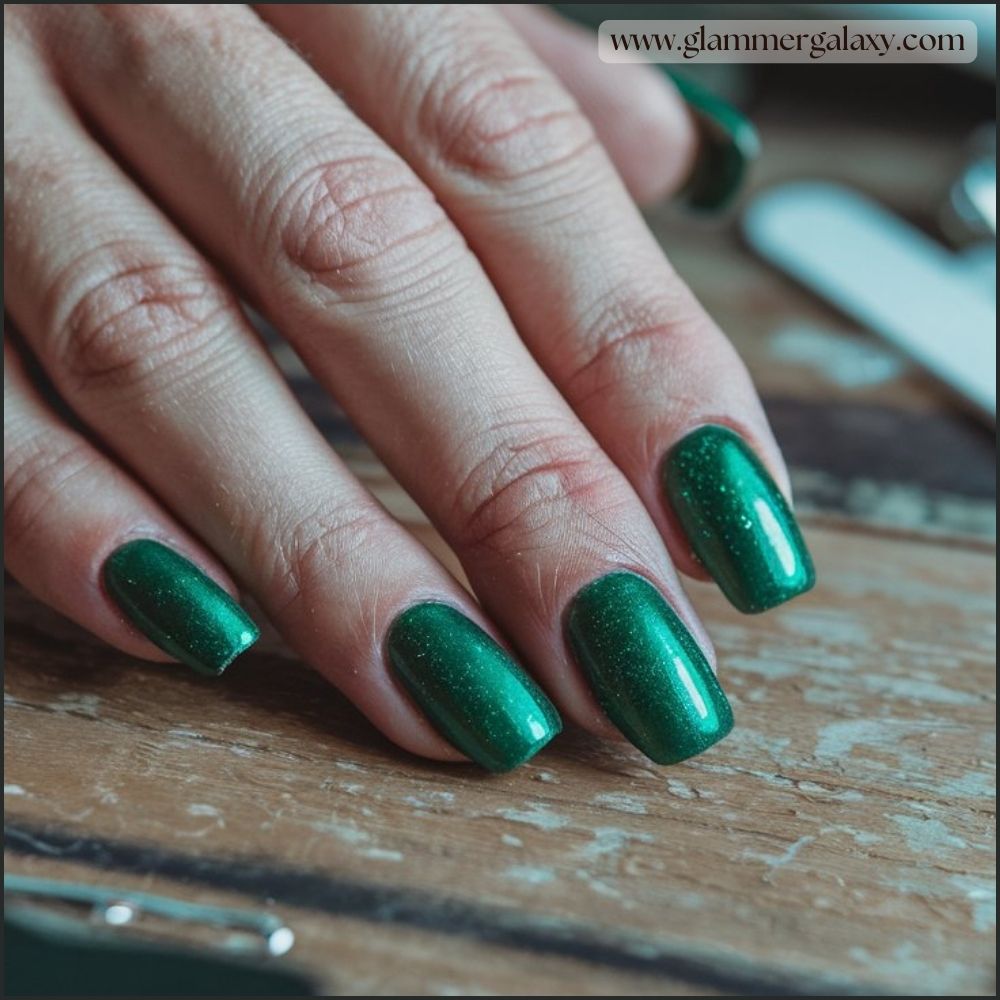 Close up of green fall nails Captivating with the Cat Eye Effect