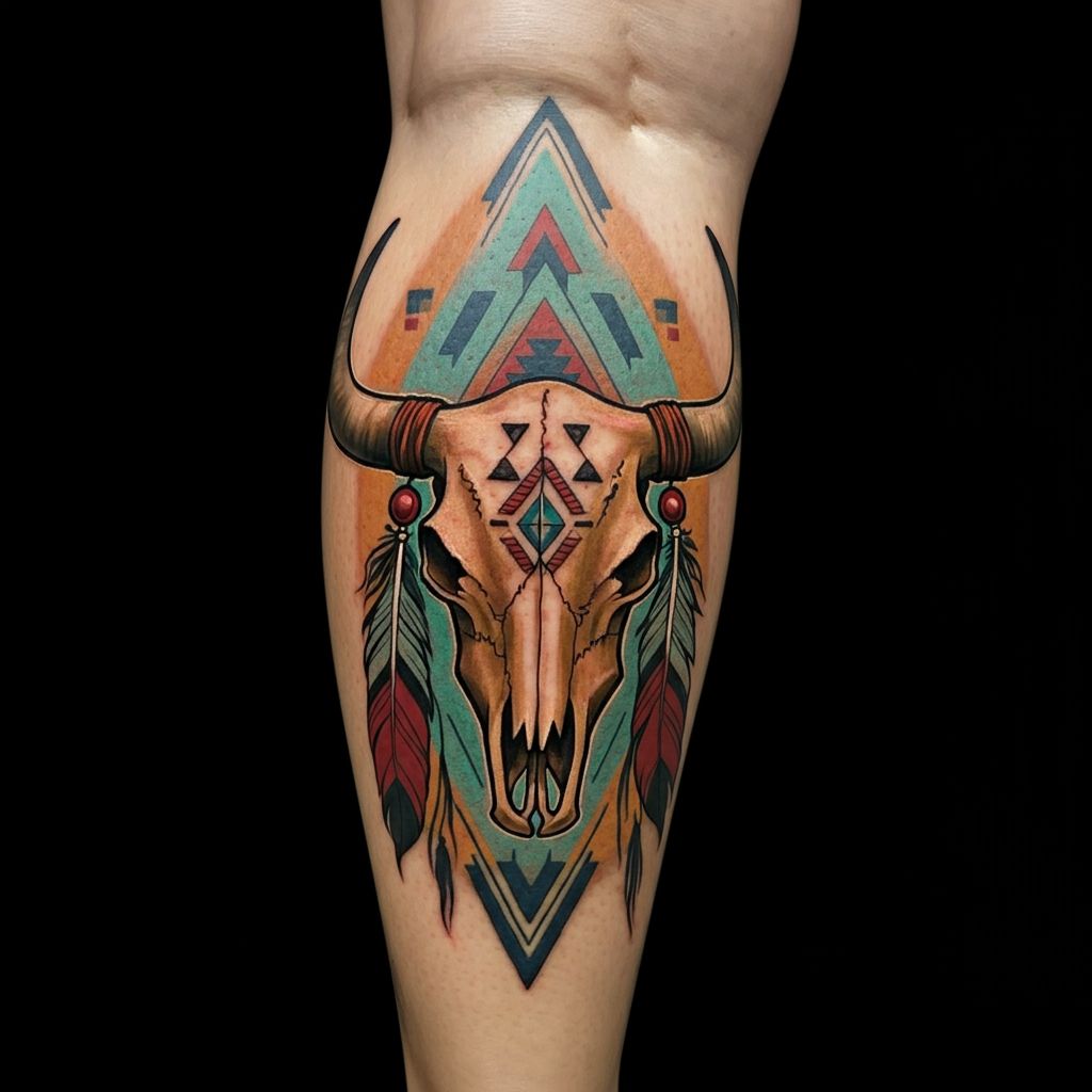 Cow Skull Tattoo on leg