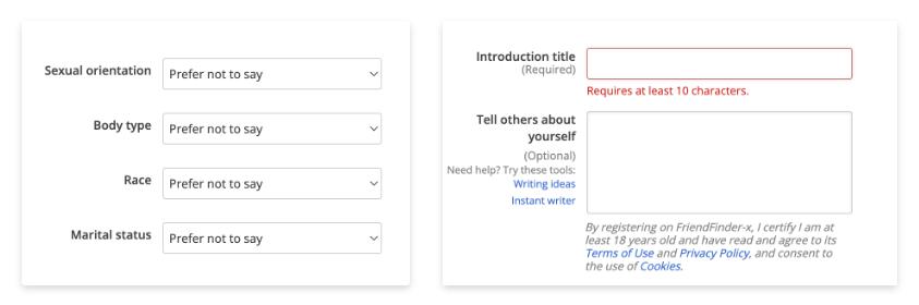 FriendFinder-X registration process and included sections.