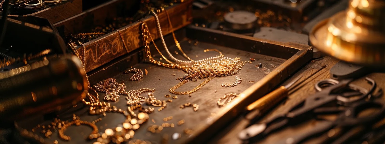 a close-up shot of an elegant workspace, featuring a skilled artisan meticulously crafting unique custom chains for jewelry, surrounded by shimmering materials and tools that highlight the artistry and value of personalized design.