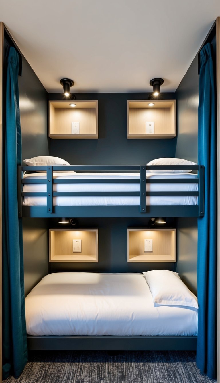 A bunk wall with customizable features, such as built-in shelves, reading lights, and privacy curtains