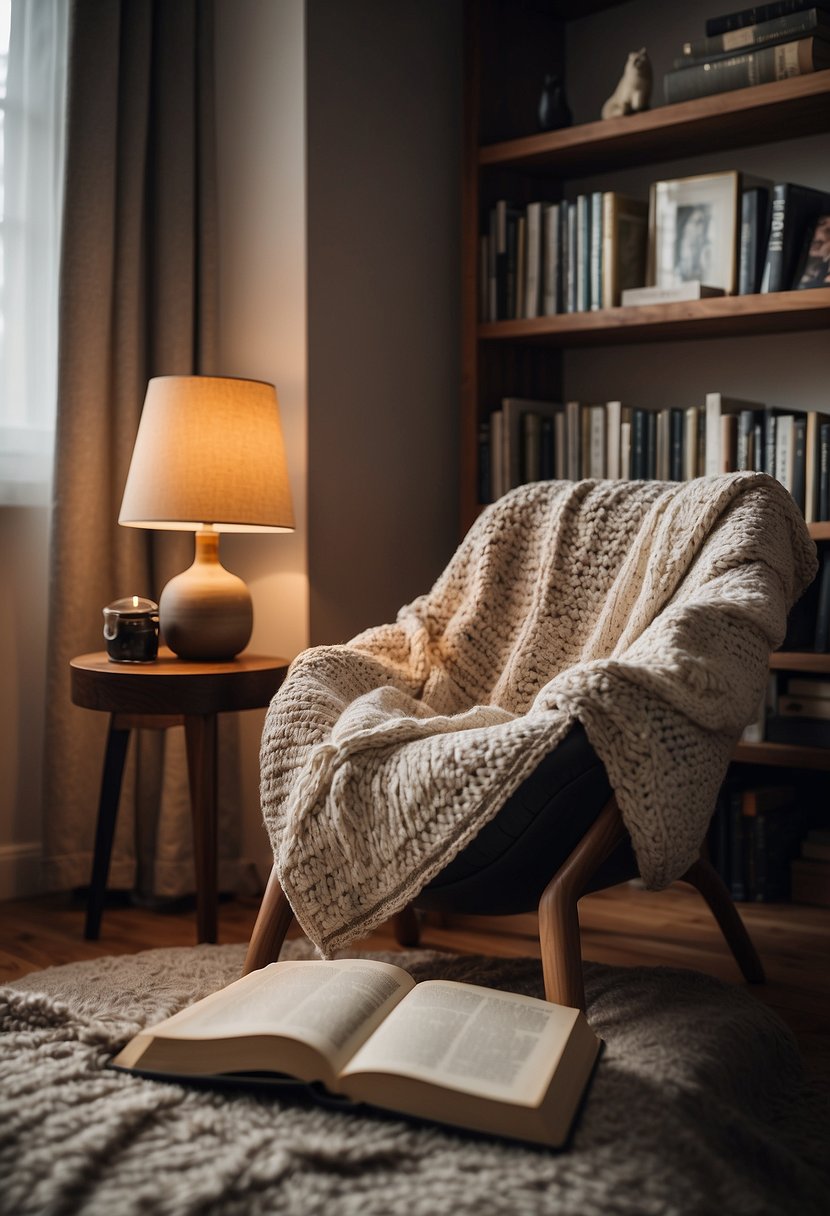 A cozy reading nook in a bedroom, with a comfortable chair, soft pillows, warm throw blanket, and a small bookshelf filled with books and a reading lamp