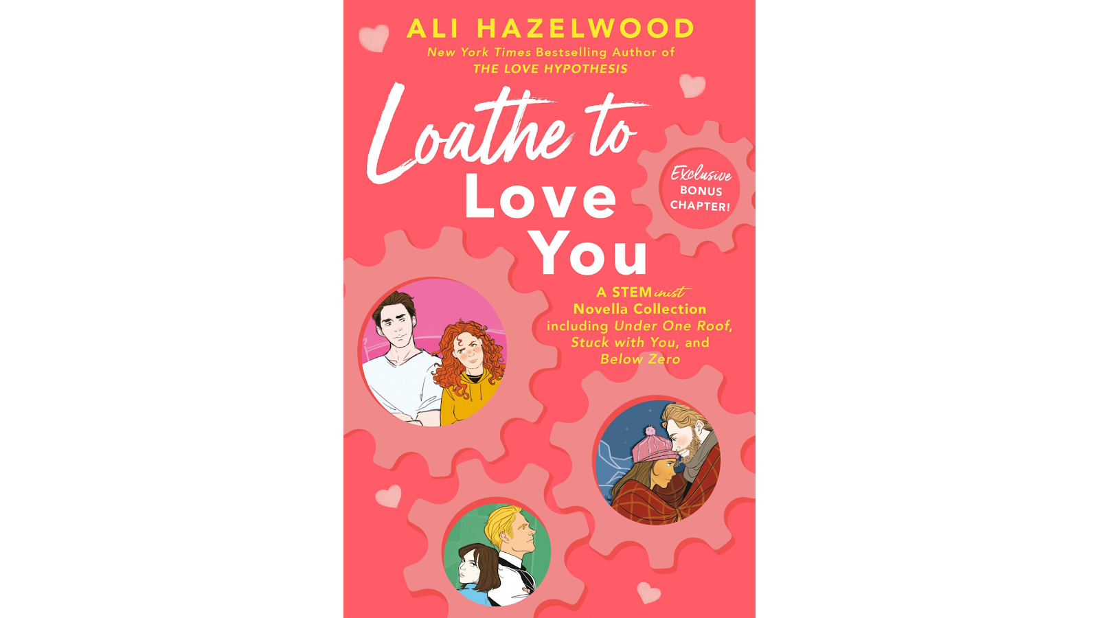 The cover of Loathe to Love You by Ali Hazelwood, featuring illustrations of couples in pink and red with heart accents.