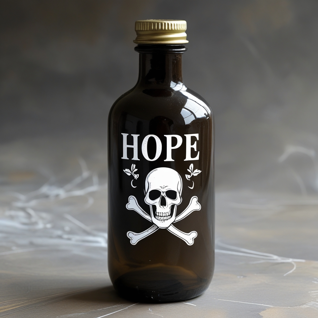 A bottle labeled “Hope” with a skull and crossbones under it