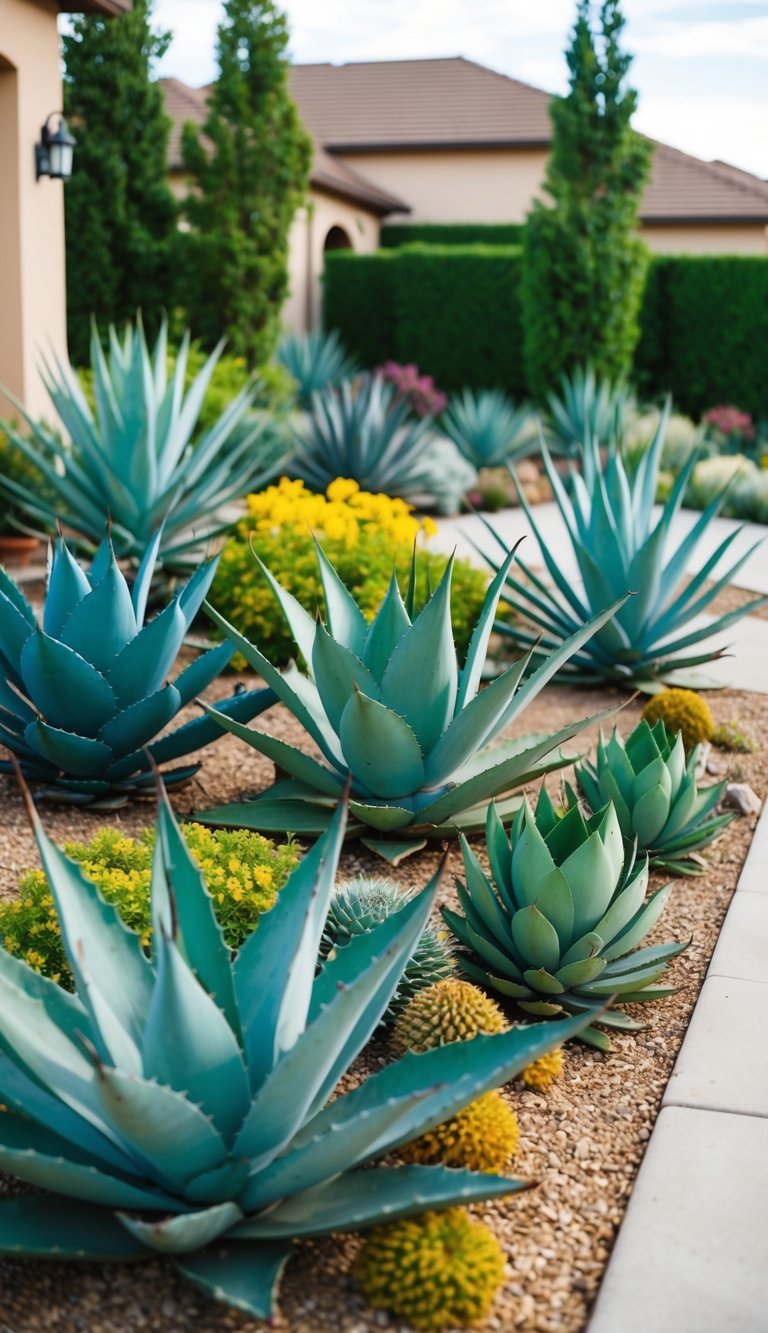 A front yard filled with various agave plants, arranged in a drought-tolerant landscape design