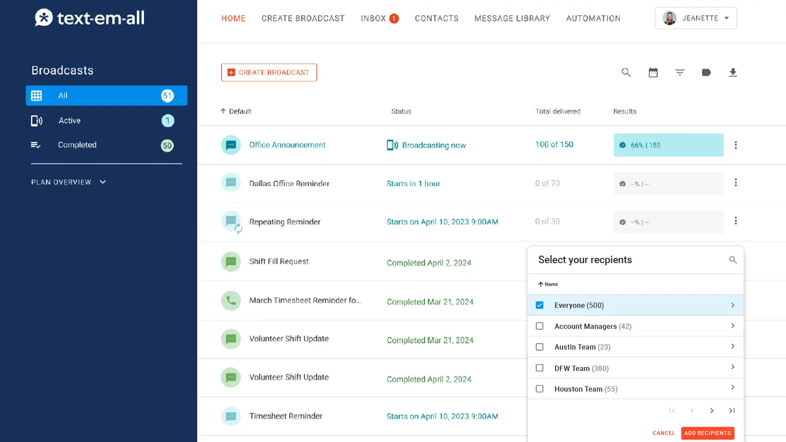 Text-em-all dashboard