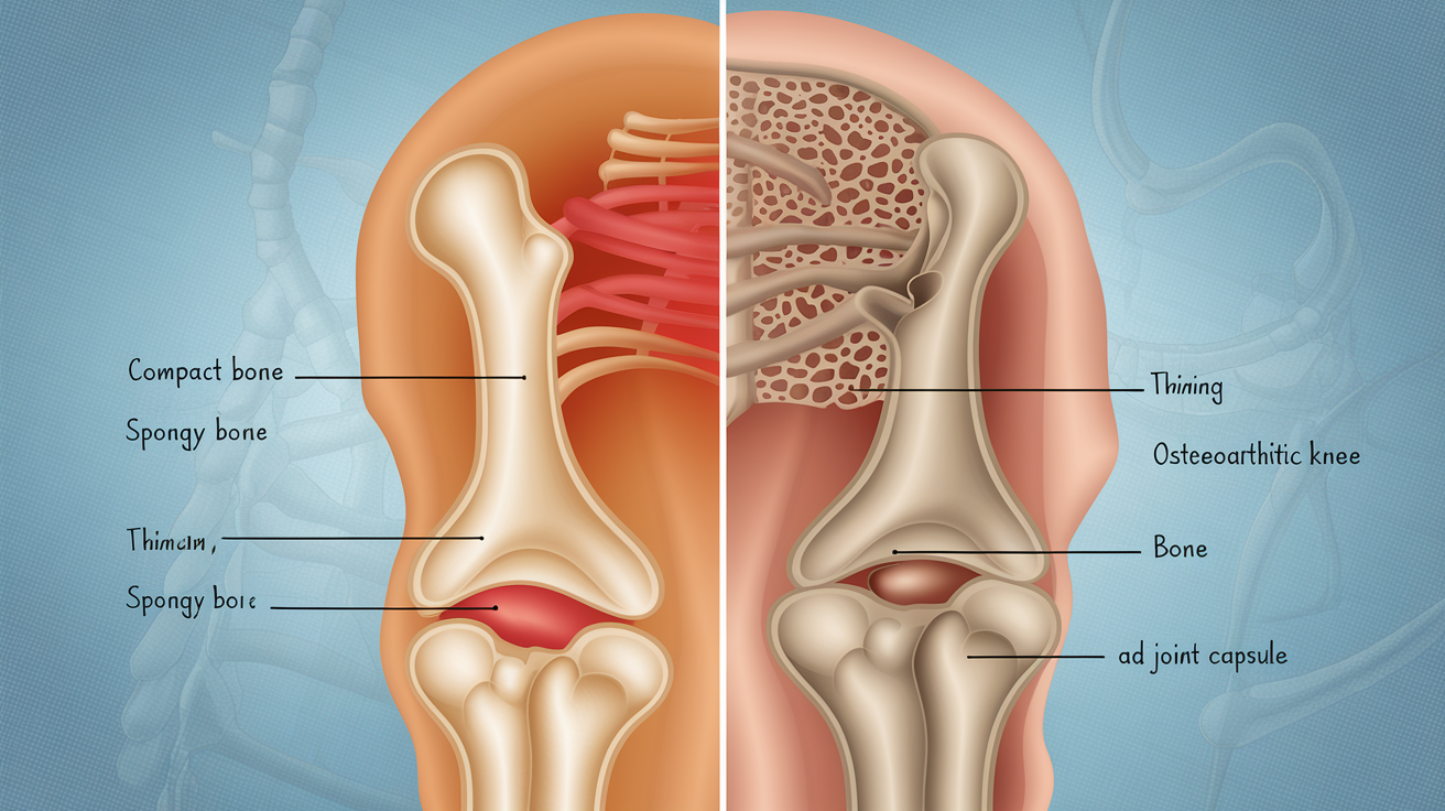 Create a realistic image of a split-screen medical illustration showing a normal bone structure on the left and an osteoporotic bone structure on the right, alongside a detailed view of a healthy knee joint compared to an osteoarthritic knee joint, with labels pointing to key areas affected by each condition, all set against a light blue medical background.