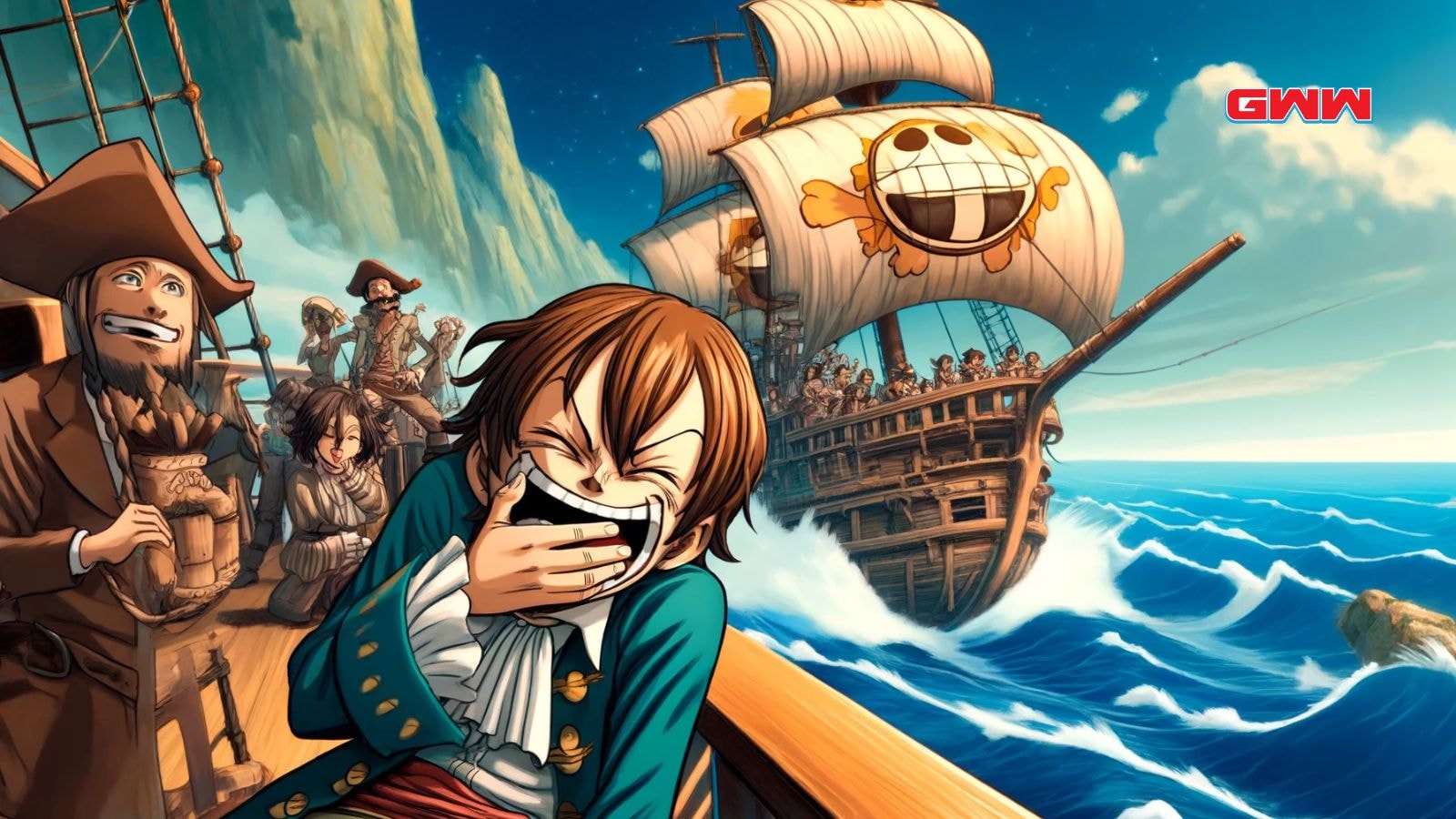 One Piece character laughing with pirates in the background saying "fufu"