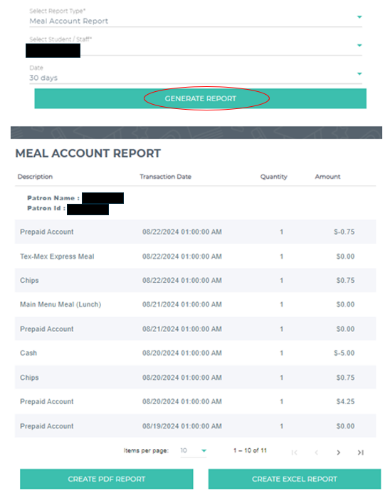 screenshot of a meal account report