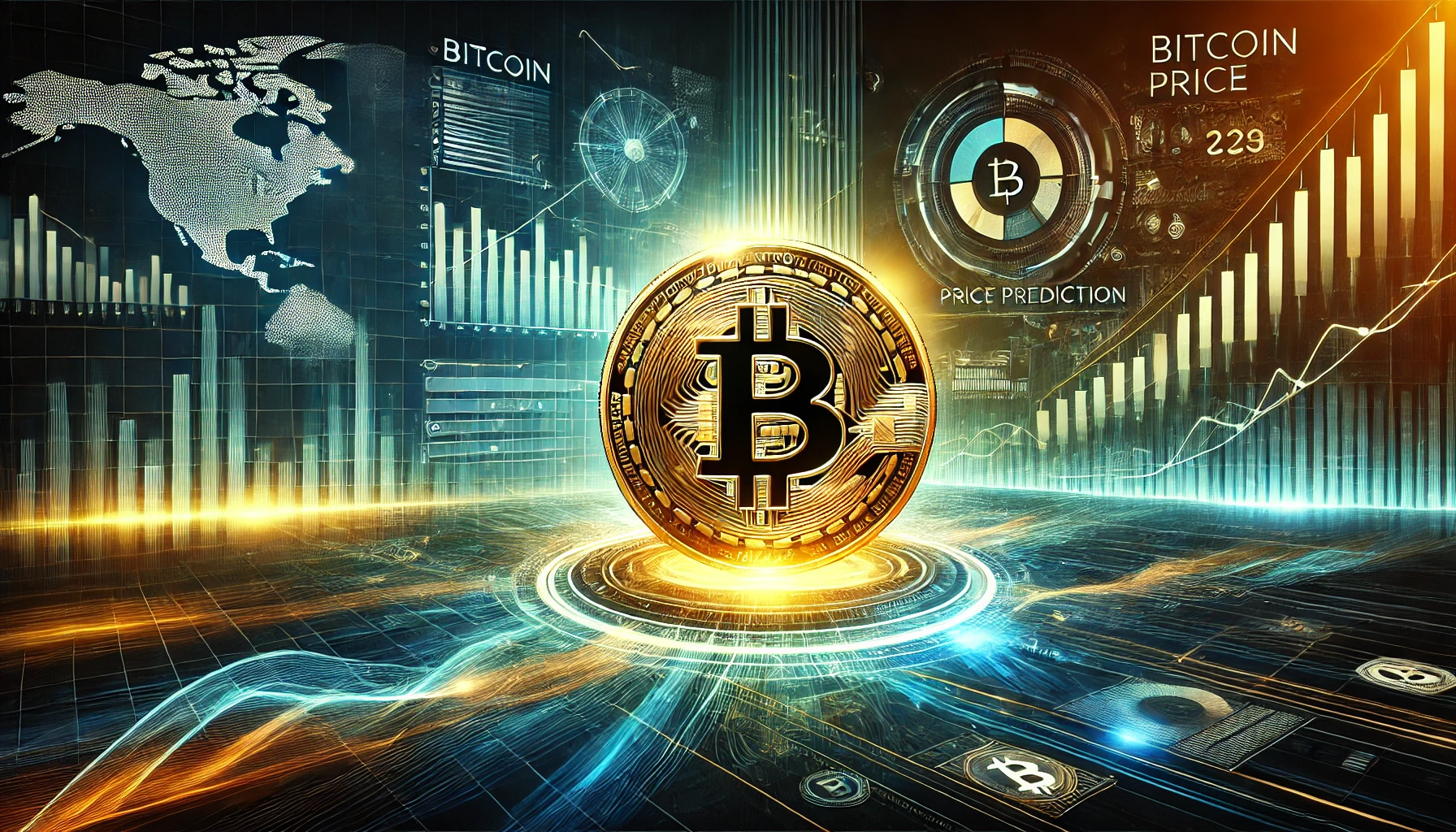 Golden Bitcoin symbol at the center, surrounded by futuristic financial graphs, global map visuals, and glowing lines, representing cryptocurrency price prediction and market analysis.