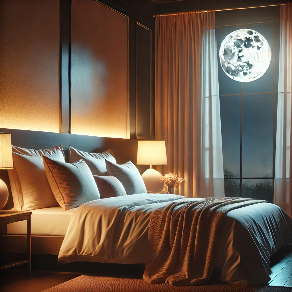 A serene bedroom at night with soft, warm lighting. The bed is neatly made with plush pillows and cozy blankets. Moonlight gently filters through a large window, casting a peaceful glow over the room. The minimalist decor and calming colors evoke a sense of tranquility and restfulness, ideal for a good night's sleep.