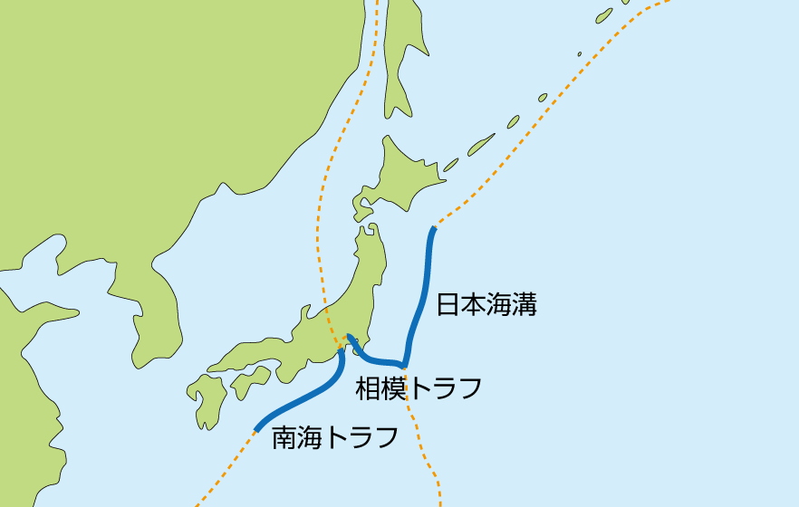 ②日本周辺にある主な地震の震源帯