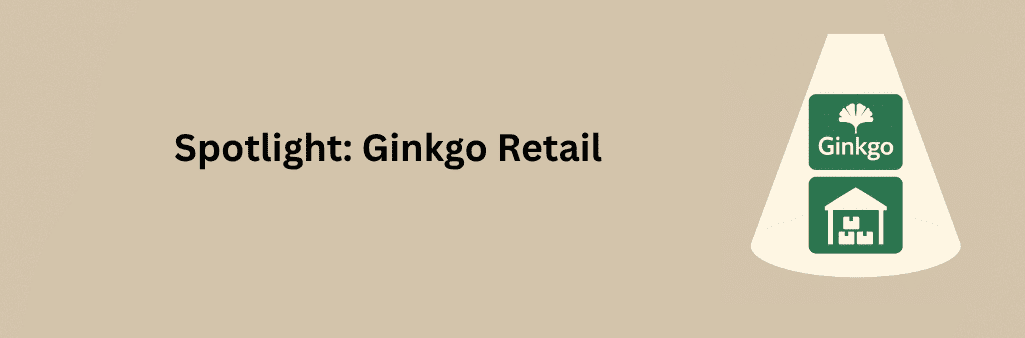 A flat-style digital illustration of a green Ginkgo Retail logo and a warehouse icon stacked vertically, both illuminated by a triangular spotlight against a soft beige gradient background.