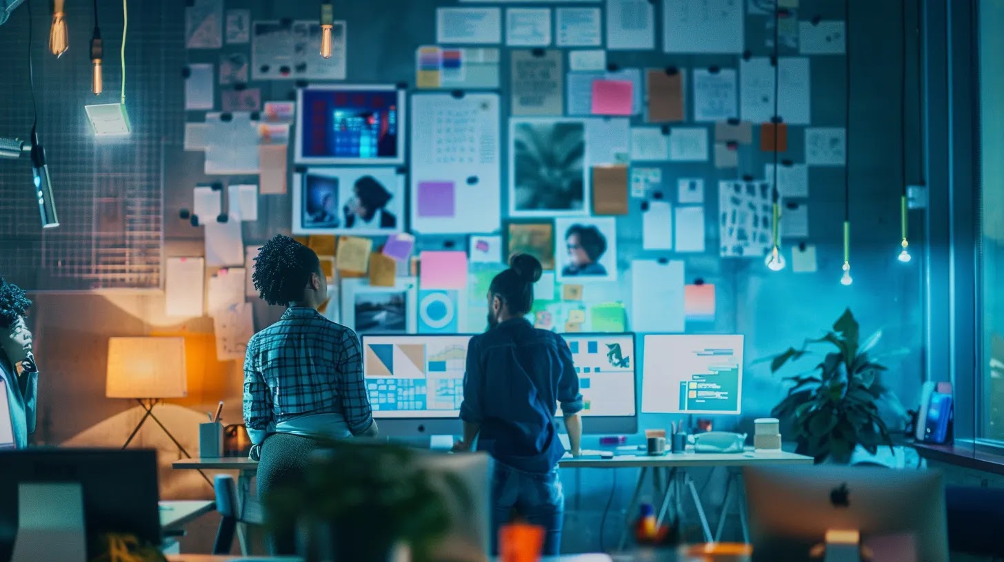 a vibrant, modern office space filled with visually engaging brand identity elements, showcasing a creative team collaborating over vivid mood boards and digital displays that reflect diverse themes and storytelling styles, highlighting the art of crafting unique visual narratives for brand resonance.