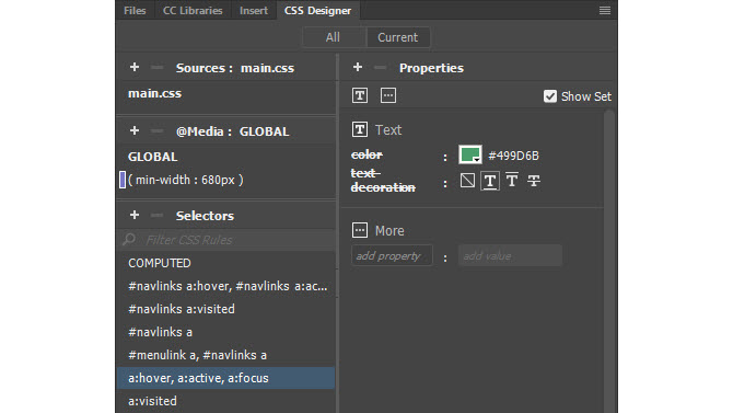 CSS Designer panel with Color and Text Decoration property names crossed out