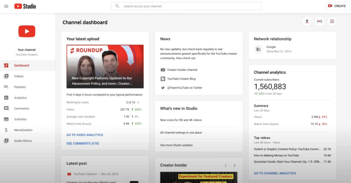 youtube studio dashboard