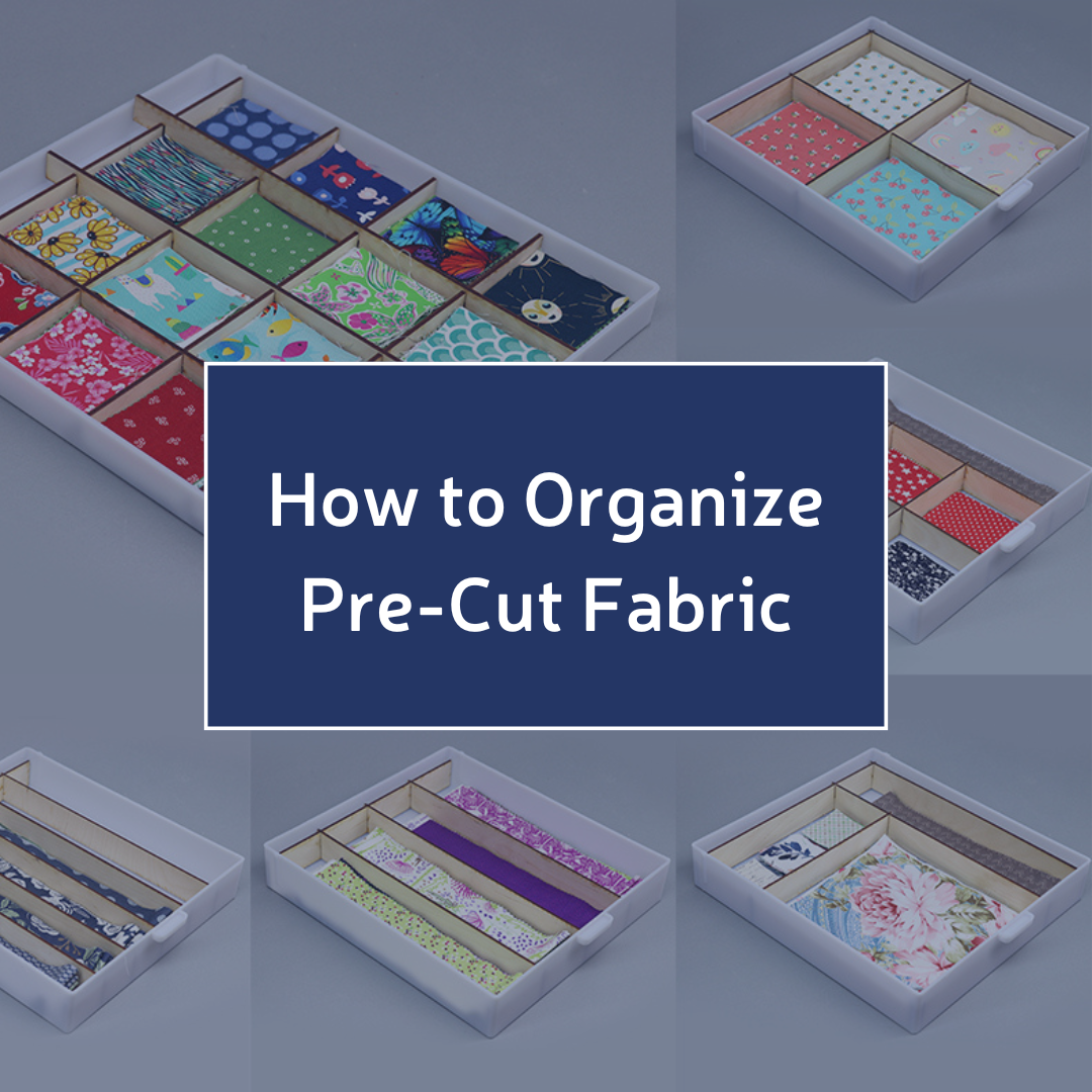 How to organize pre-cut fabric blog introduction graphic showing Best Craft Organizer Craft Storage Cabinet Drawers filled with fabric and organized using Best Craft Organizer Fabric Grid Storage System