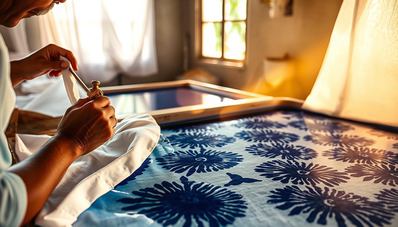An intricate process of creating vibrant batik patterns, wax-resist dyeing showcases the interplay of wax, dye, and fabric. In the foreground, a skilled artisan carefully applies molten wax onto the pristine white cotton fabric using a copper tjanting tool, tracing intricate designs. The middle ground reveals the fabric immersed in a vivid indigo dye bath, the wax-coated areas resisting the color, forming a mesmerizing negative-space pattern. In the background, sunlight filters through the window, casting a warm, golden glow and highlighting the texture of the dyed fabric. The scene conveys the meticulous craftsmanship, patience, and artistic vision inherent in the traditional Malaysian batik-making technique.
