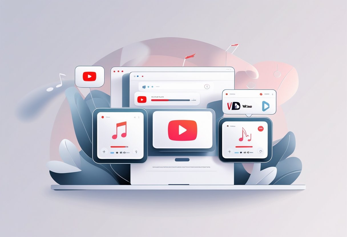 Illustration showing five different tool icons representing video downloading from YouTube and TikTok, arranged neatly with download arrows and progress indicators.