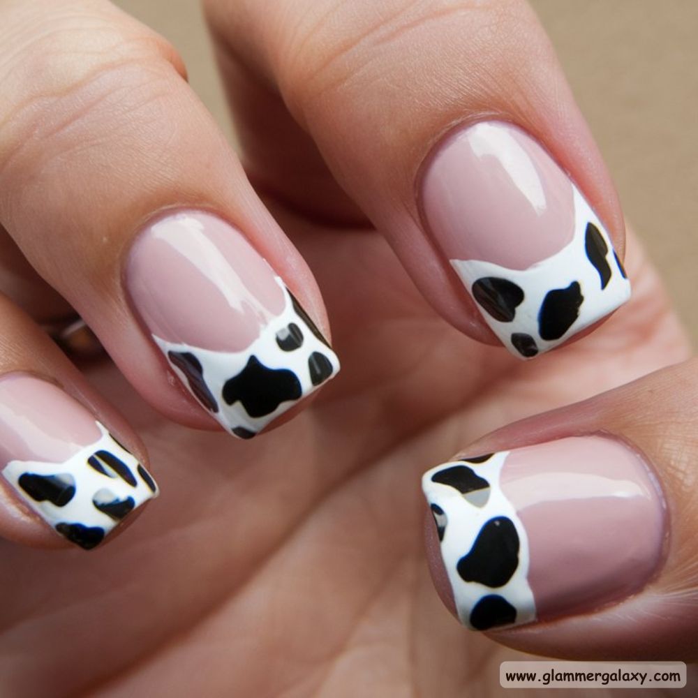 Summer French Tip Nails, Funky Cow Print