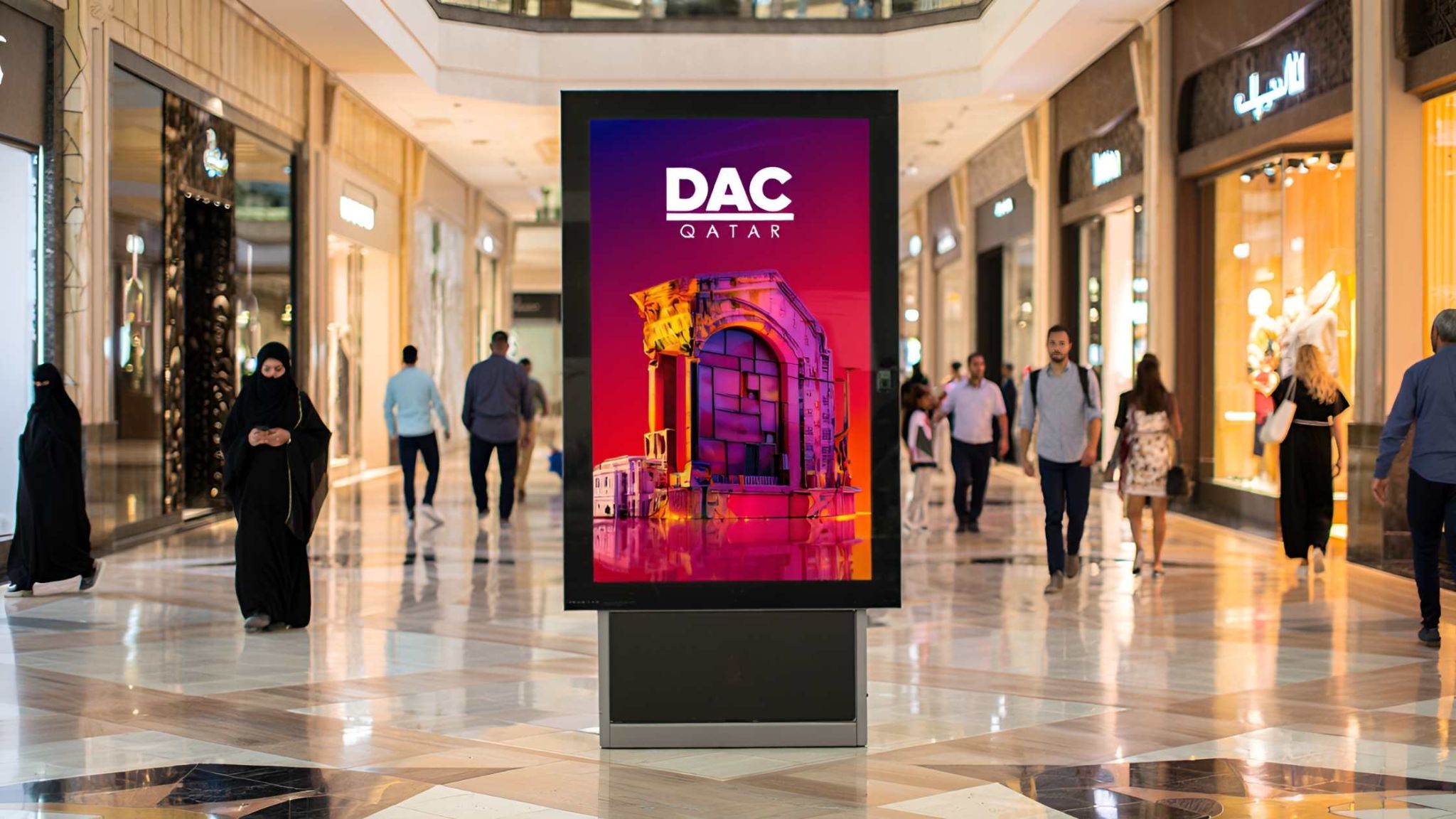 Indoor mall setup in Qatar featuring a sleek Outdoor Digital Display Qatar screen showcasing DAC Qatar visuals, surrounded by shoppers in a luxurious retail environment.