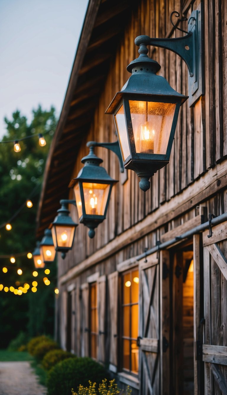 A rustic barnhouse adorned with weathered iron lanterns, casting a warm glow in the evening