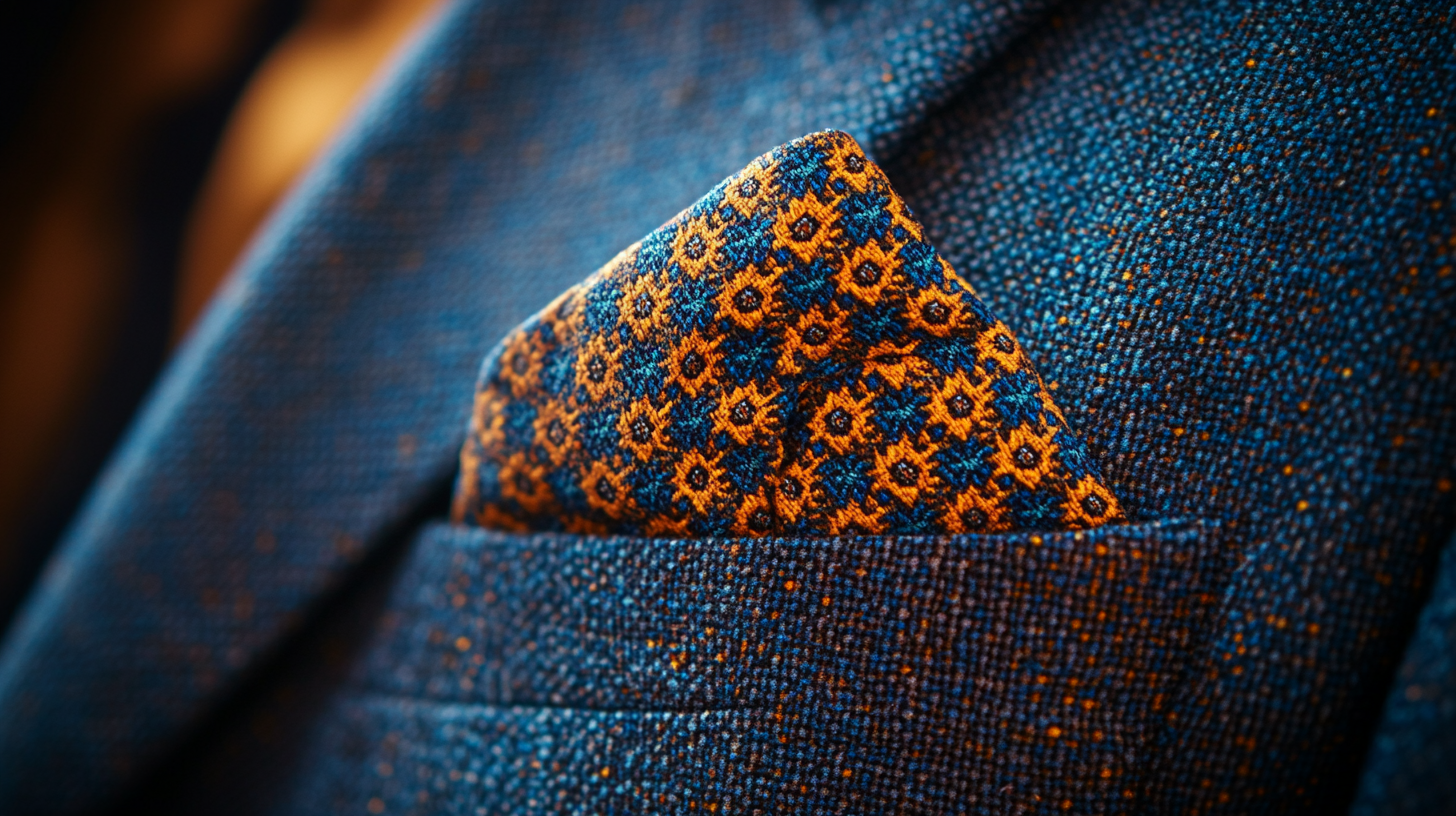 A close-up of a pocket square elegantly folded and placed in the breast pocket of a classic suit jacket. The pocket square features vibrant, intricate patterns that contrast beautifully with the neutral or dark color of the suit. The fabric textures are detailed and realistic, emphasizing the sophistication of the accessory. The lighting is soft and refined, creating a sleek and professional atmosphere