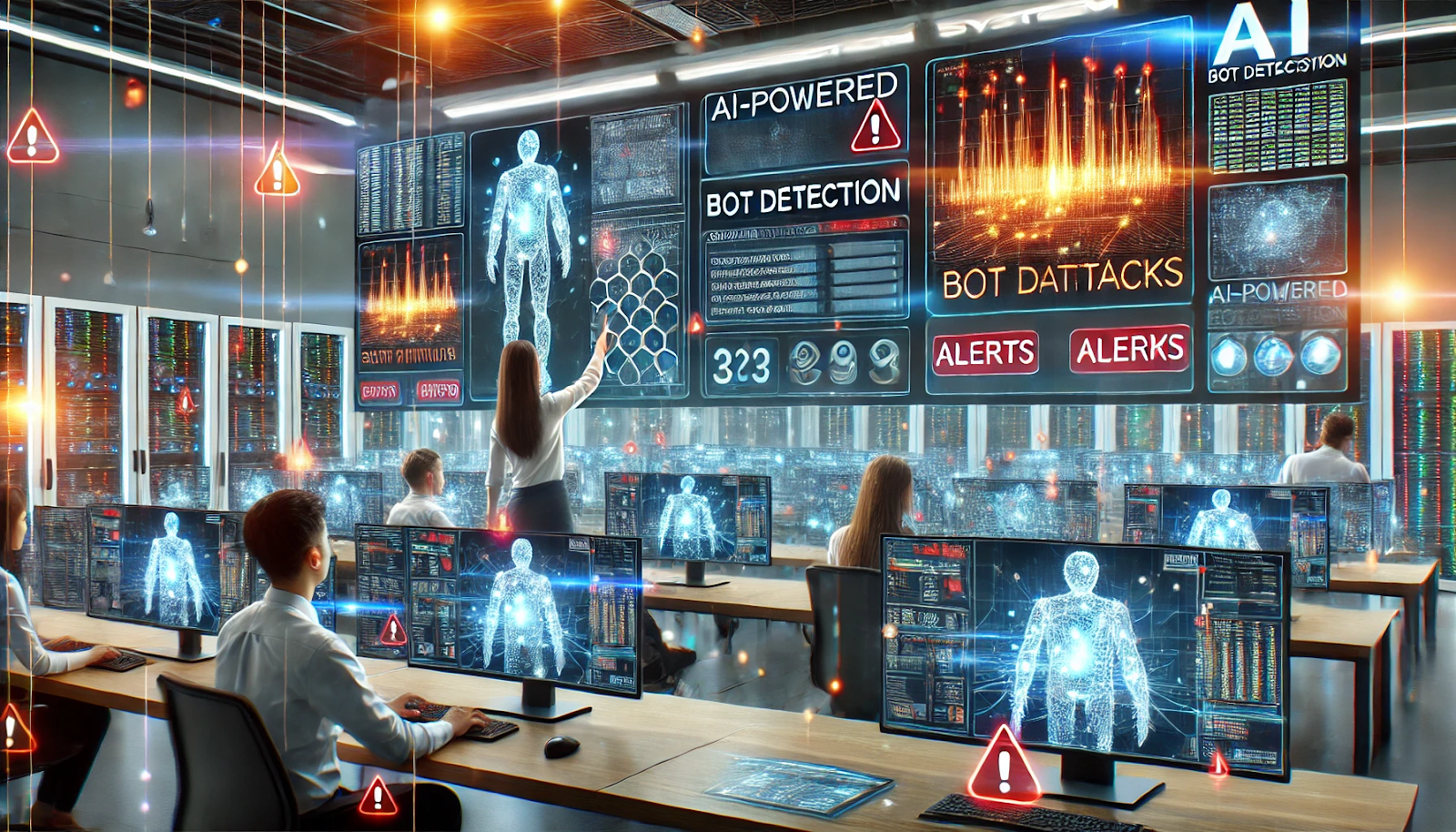 A modern server room with multiple large screens showcasing AI algorithms working to detect bot attacks. The screens display heat maps and patterns representing bot traffic, with alerts popping up in red. In the foreground, a team of cybersecurity experts is actively monitoring the screens, discussing strategies to counteract the bot attacks. One expert, a woman, points at a visualized data spike while another, a man, types rapidly on a laptop.