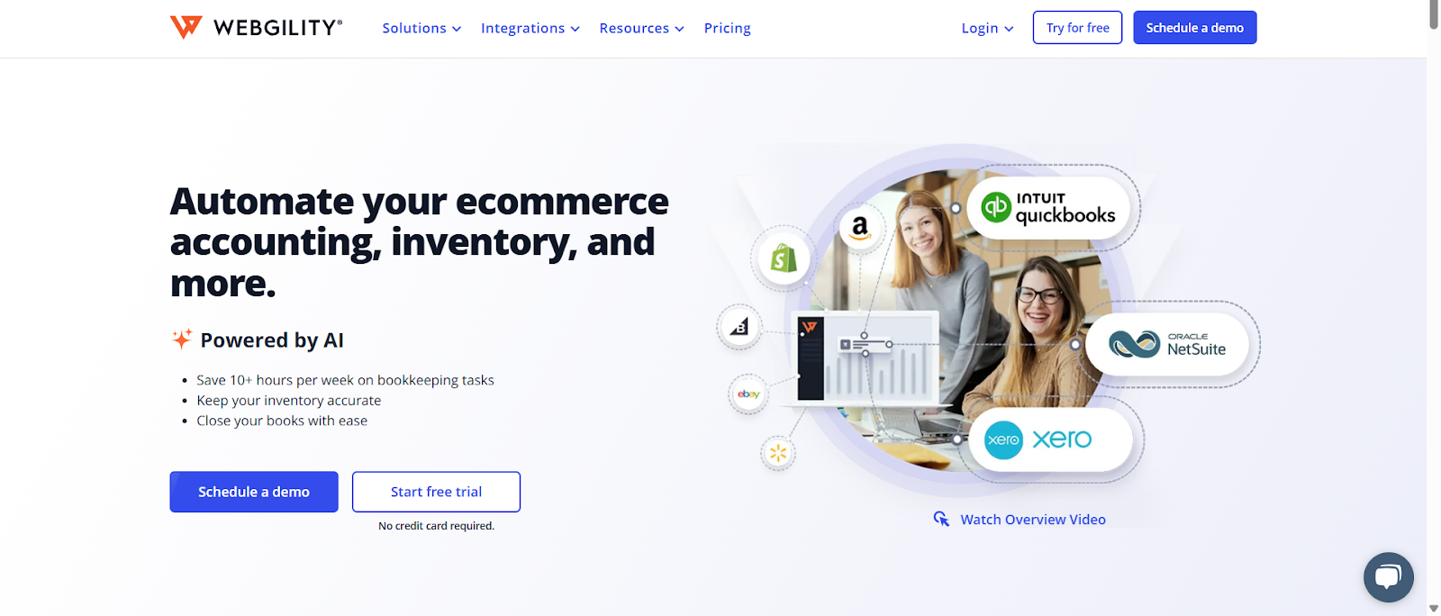 Webgility home page describing its primary features