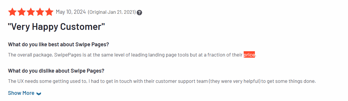 G2 review describing a user’s experience with Swipe Pages