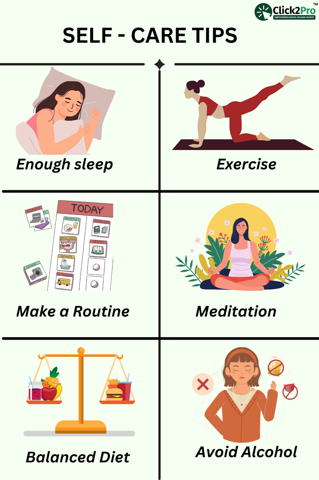 Self-care tips for bipolar disorder: enough sleep, exercise, routine, meditation, diet, avoid alcohol.