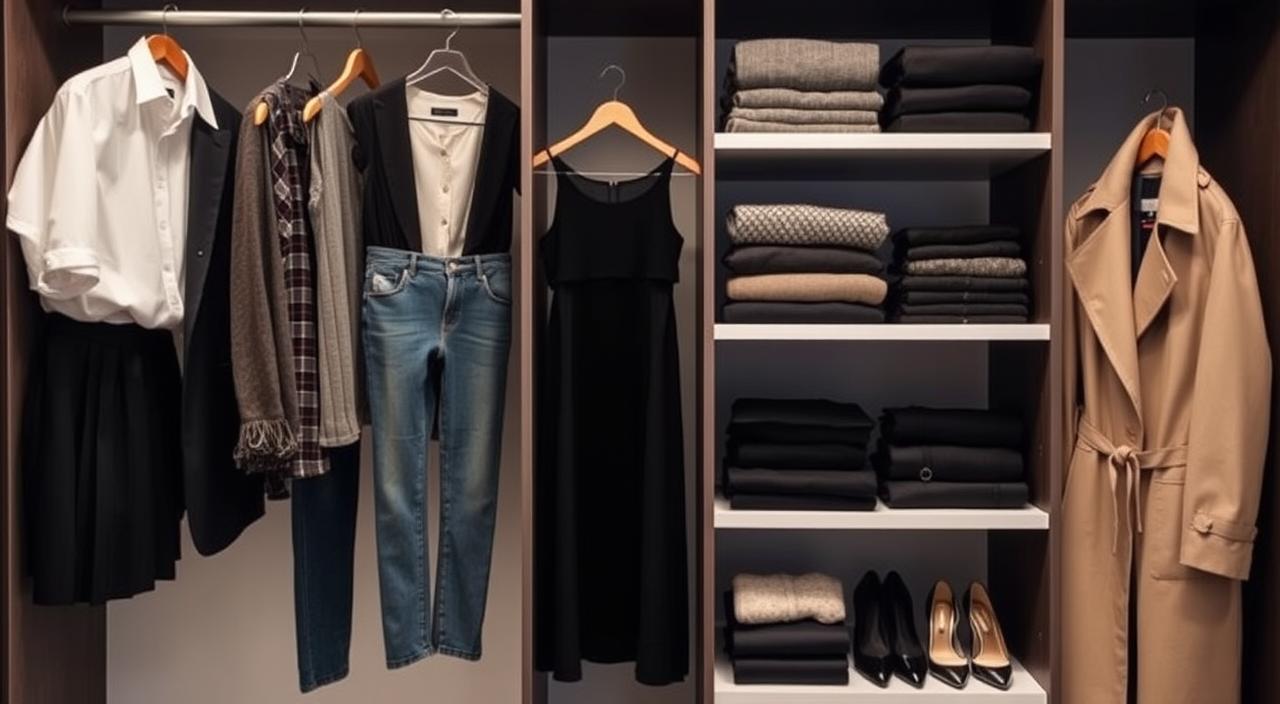 A stylishly organized wardrobe featuring essential clothing items: a classic white shirt, tailored black blazer, versatile denim jeans, a little black dress, neutral pumps, a cozy knit sweater, and a chic trench coat, all displayed on hangers or neatly folded on shelves, with soft lighting and an elegant backdrop that adds a sense of sophistication and modernity.