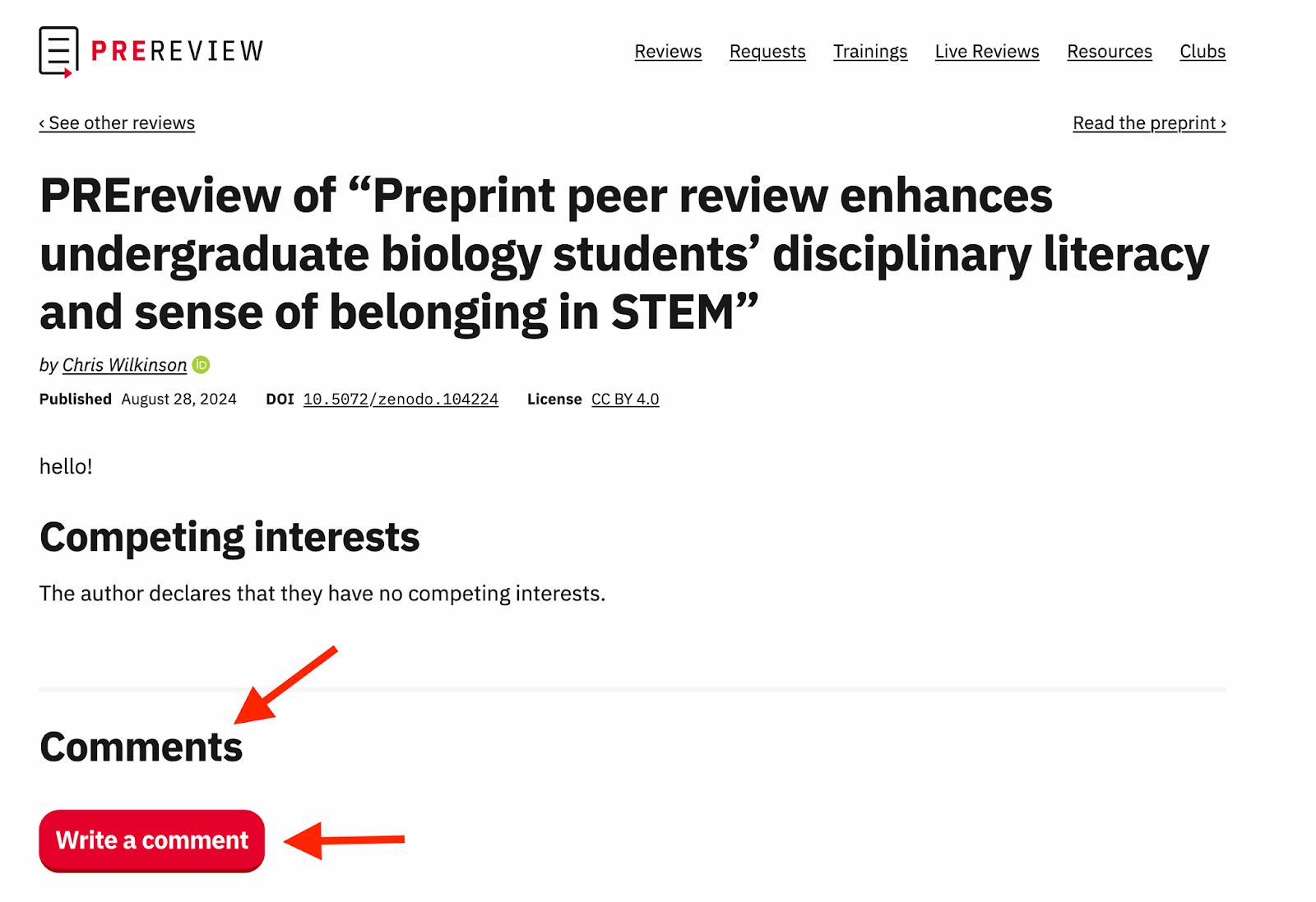 This is a screenshot from PREreview.org emphasizing where to click to start your comment.