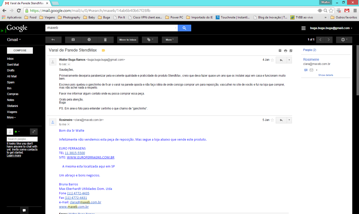 E-mail trocado com o suporte da StendMax