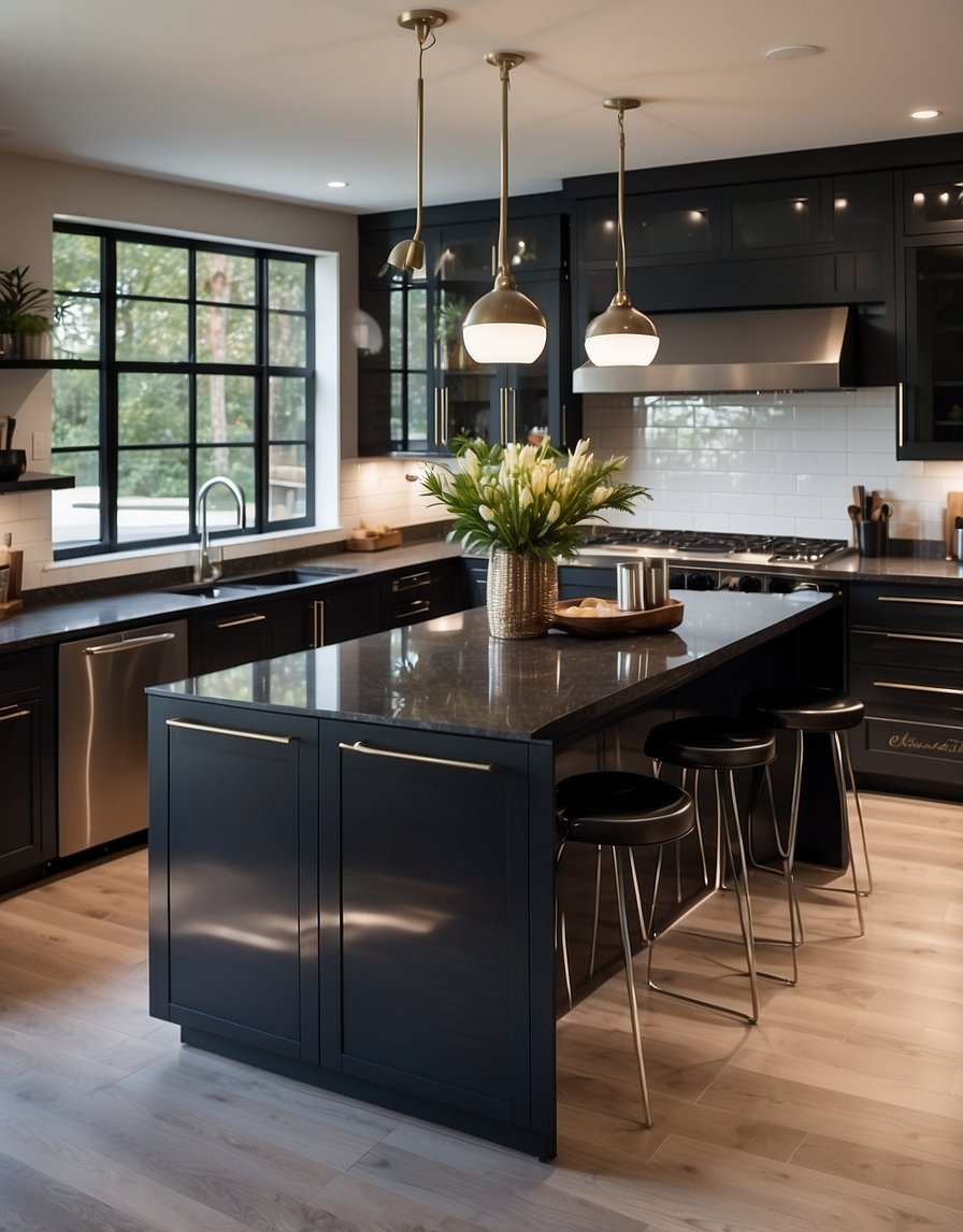 A modern kitchen with Obsidian Gloss 32 Dark Gray cabinets, sleek and reflective, contrasting with light countertops and stainless steel appliances