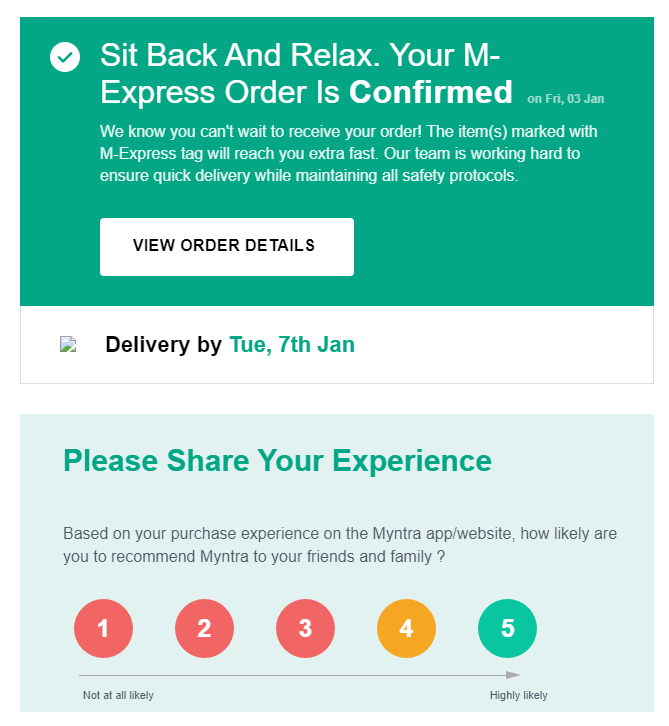 Myntra order confirmation email with reengagement CTA