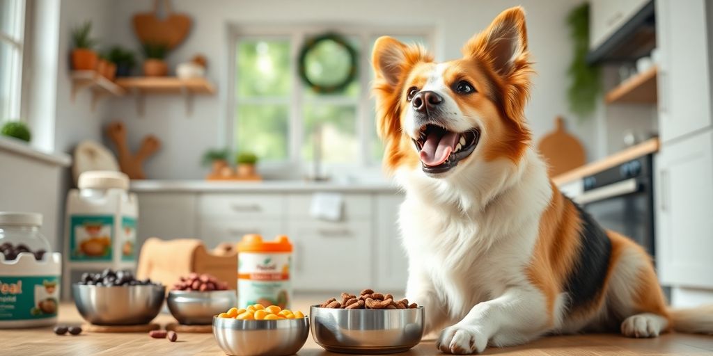 Happy dog with probiotic supplements in a bright kitchen.