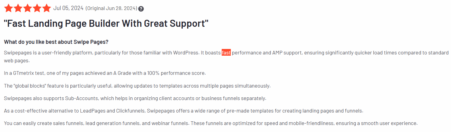 G2 review detailing Swipe Pages’ fast performance and AMP support