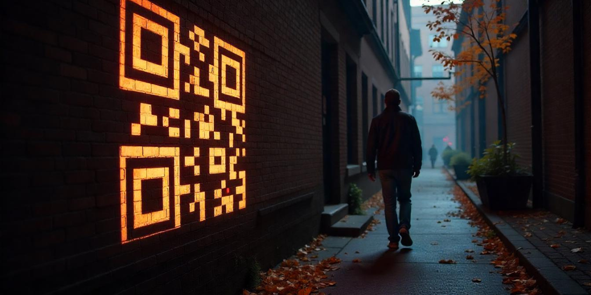 An illuminated QR Code on a wall in a dimly lit alley.