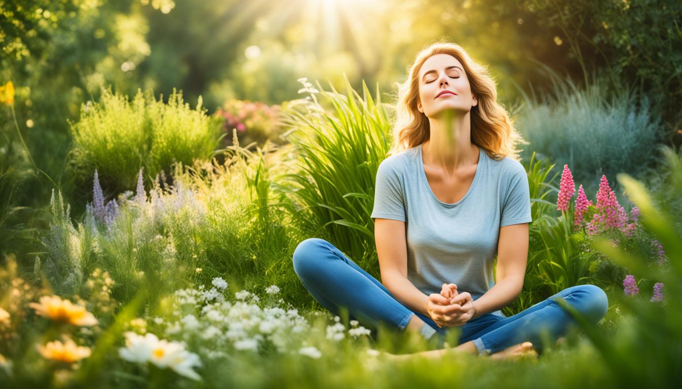 A woman sitting cross-legged on the grass, surrounded by various plants and flowers. She has her eyes closed and a serene expression on her face, with one hand on her heart and the other reaching towards the sky. Soft sunlight filters through the leaves overhead, casting a warm glow over everything. In the distance, a stream murmurs softly.