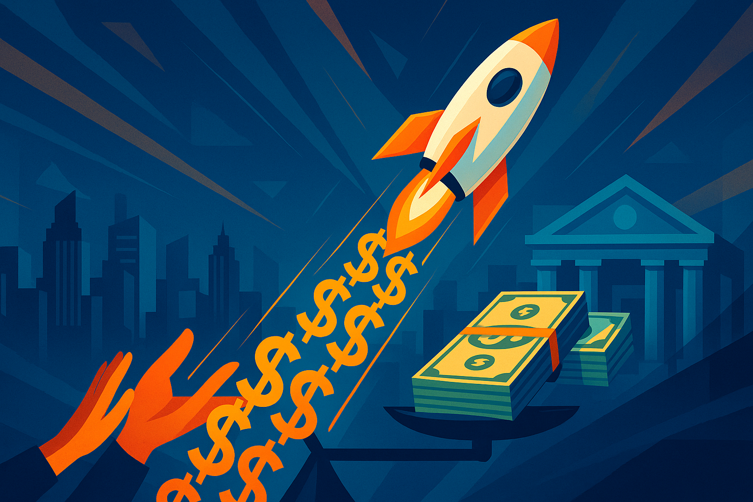  A stylized rocket ship soaring upward on a trail of golden dollar signs, symbolizing high-growth startups propelled by financial investment, with a bank and scale in the background.