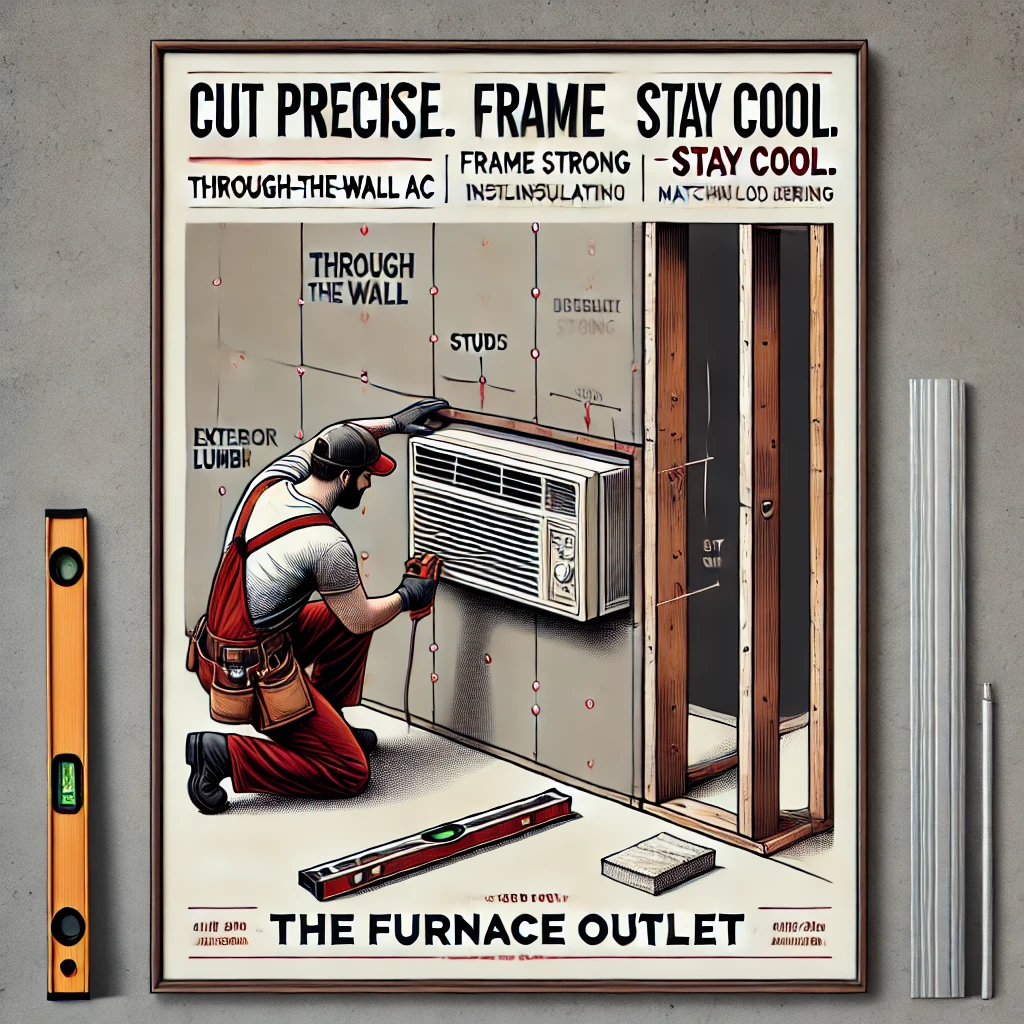 HVAC technician cutting drywall for wall AC sleeve, with visible framing lumber and stud marks—includes “Cut Precise. Frame Strong. Stay Cool.” and The Furnace Outlet branding.