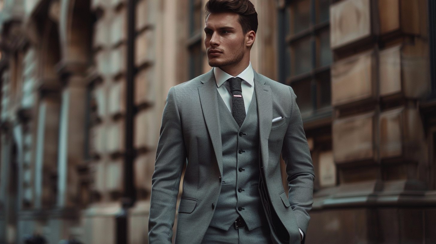 Man in a modern fit suit that blends slim and classic cuts, perfect balance of style and comfort, soft lighting, mid-gray suit, smart casual vibe