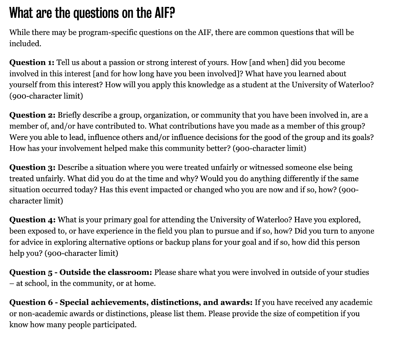 University of Waterloo Admission Information Form (AIF) Questions