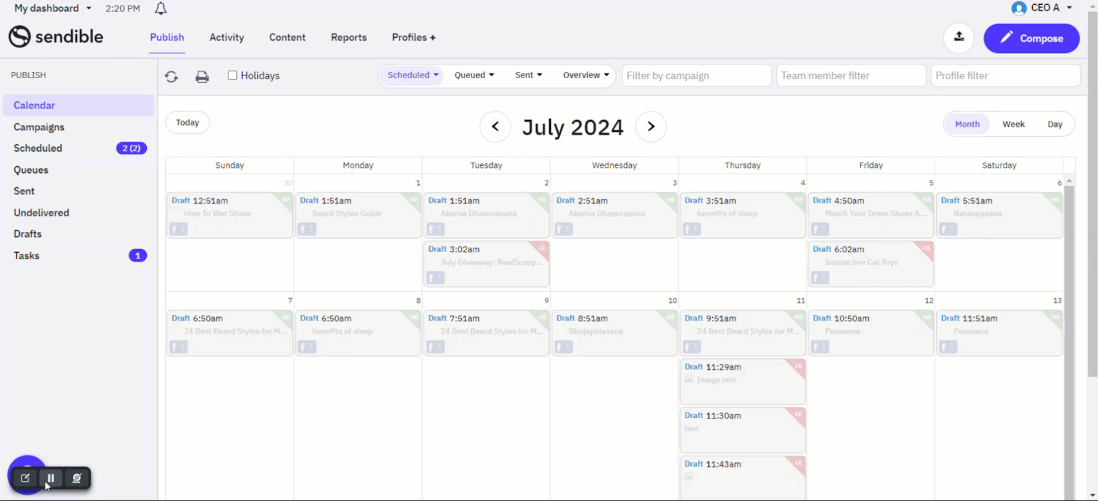 Sendible dashboard showing content calendar with scheduled drafts and publishing tools.