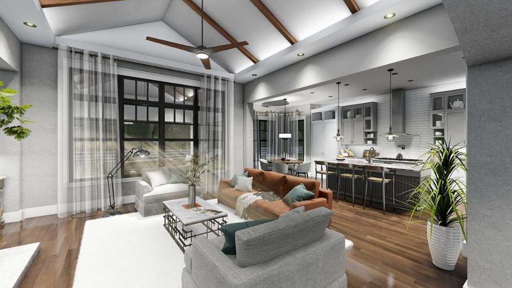 A cathedral ceiling lined with exposed beams crowns the family room.