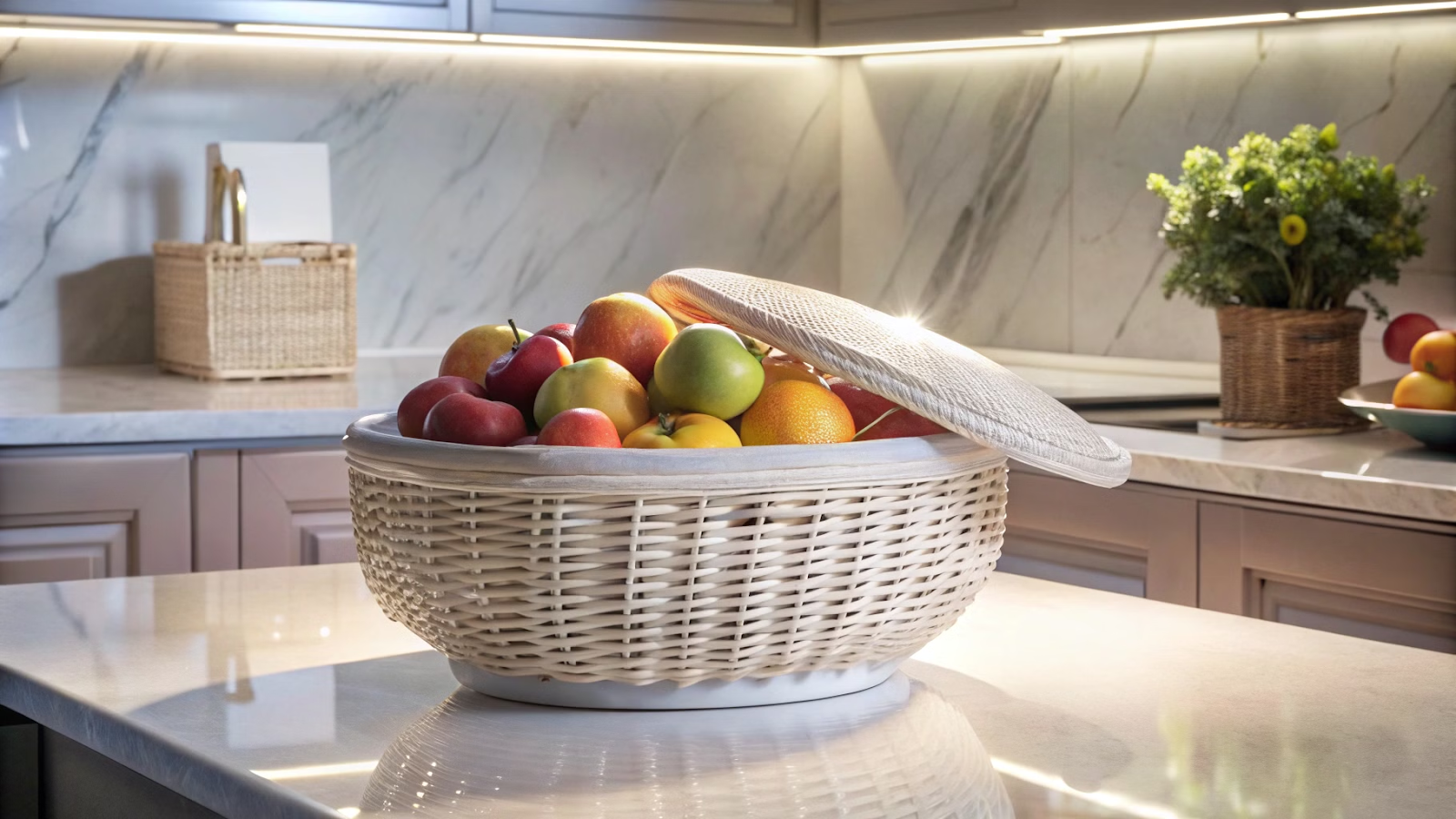 Cesta de palha de bambu branco com tampa usada como fruteira em cozinha moderna.