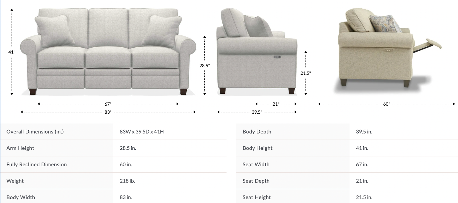 colby duo reclining sofa size and dimensions