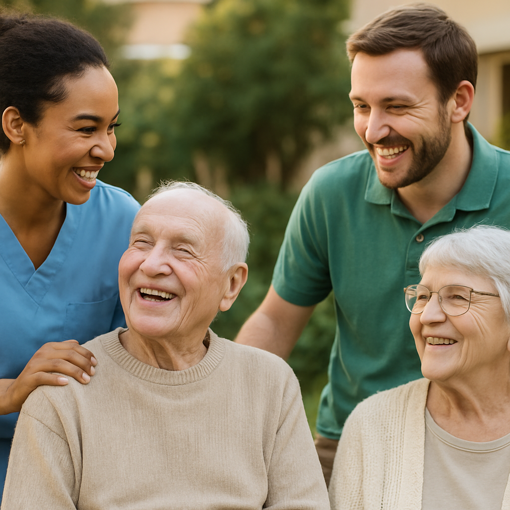 Friendly caregivers with seniors