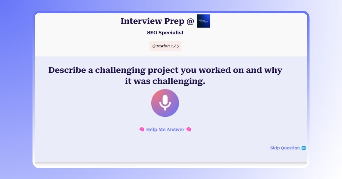 Interview Preparation Feature | Practice the 5 questions provided to you, and the AI will help you with answering and providing feedback for the answers you answered. | Best free interview simulator